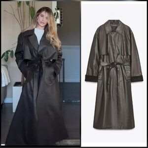 Zara Waxed Trench Coat With Corduroy Cuffs